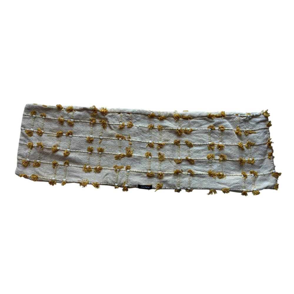 DKNY Fringe Woven Turmeric Yellow Ivory Long Decorative Pillow Cover Cotton
